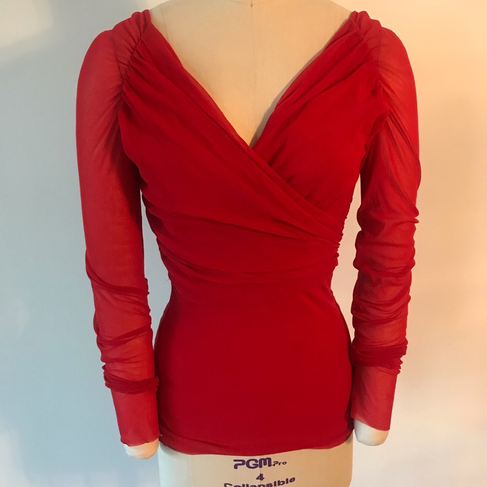 Red Long Sleeved Ruched Mesh FUZZI Top